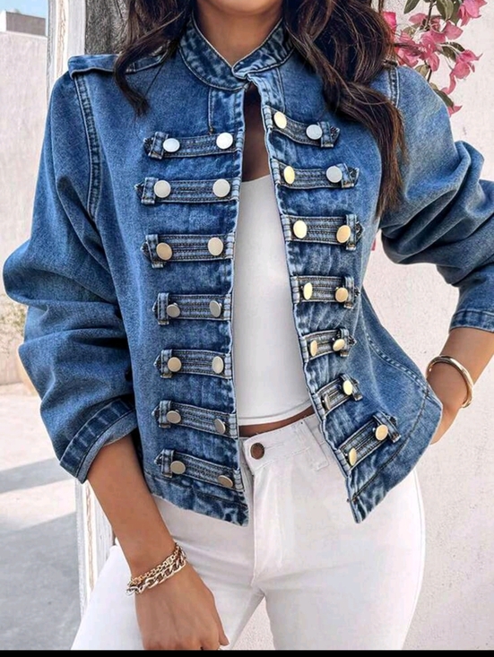 Jackets & Blazers - Denim Military-Style Blue Women's Jacket